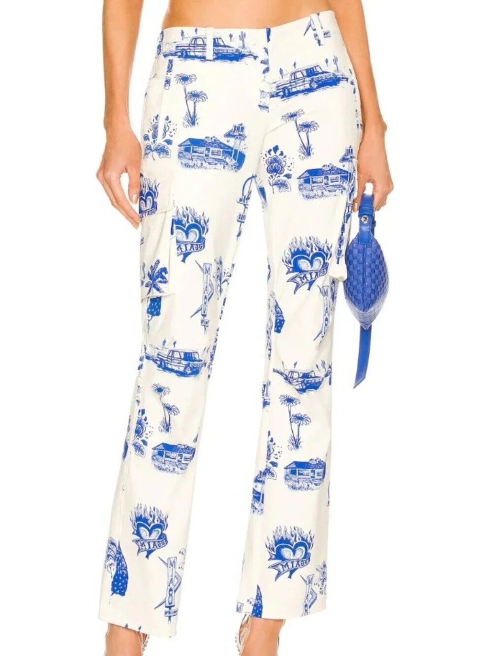 NWT Miaou Raven Cargo Pant Blue White Toile Novelty Print Size L Straight Leg